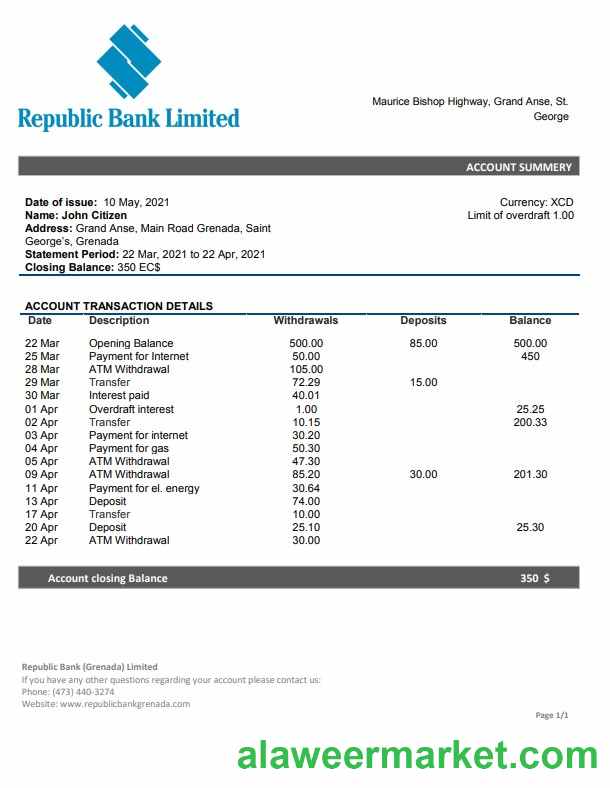 Grenada Republic bank statement template, Word and PDF format
